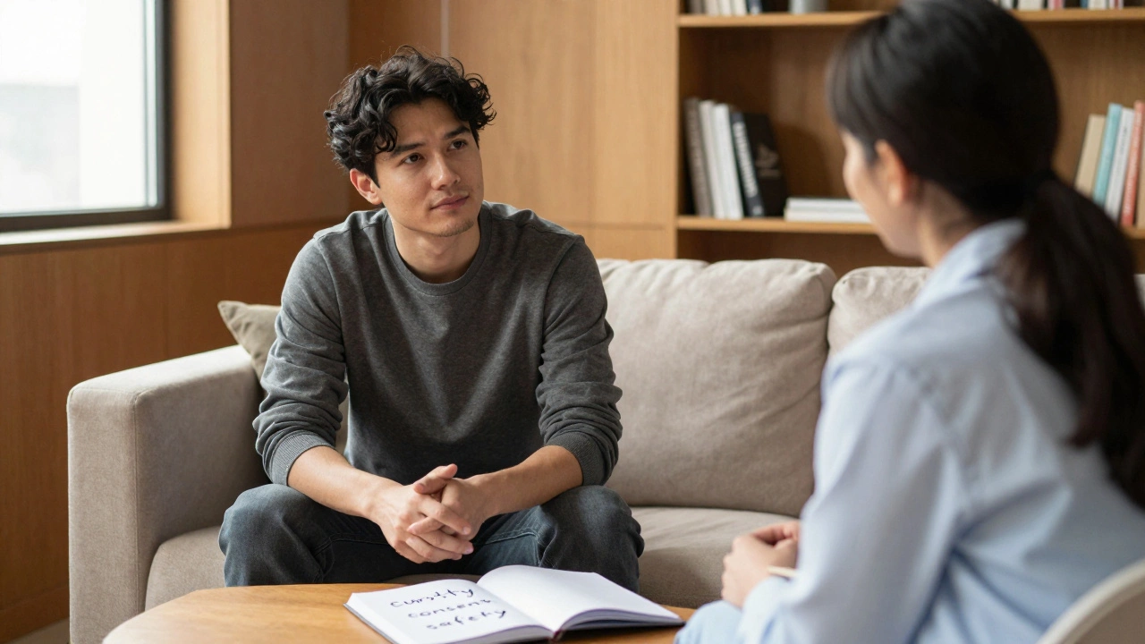 A man talks with a therapist in a calm office, exploring his feelings about intimacy and consent.