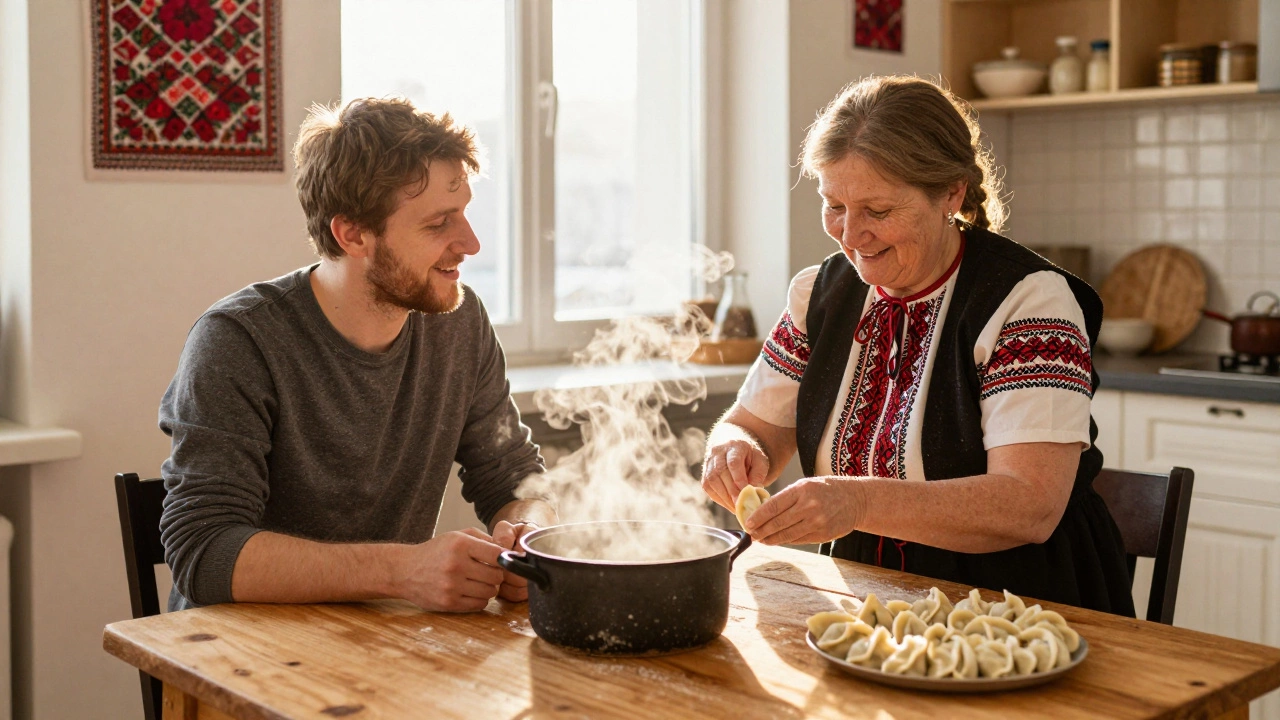A tourist learns to make dumplings from a Russian grandmother in a warm kitchen, steam rising from a pot of pelmeni.