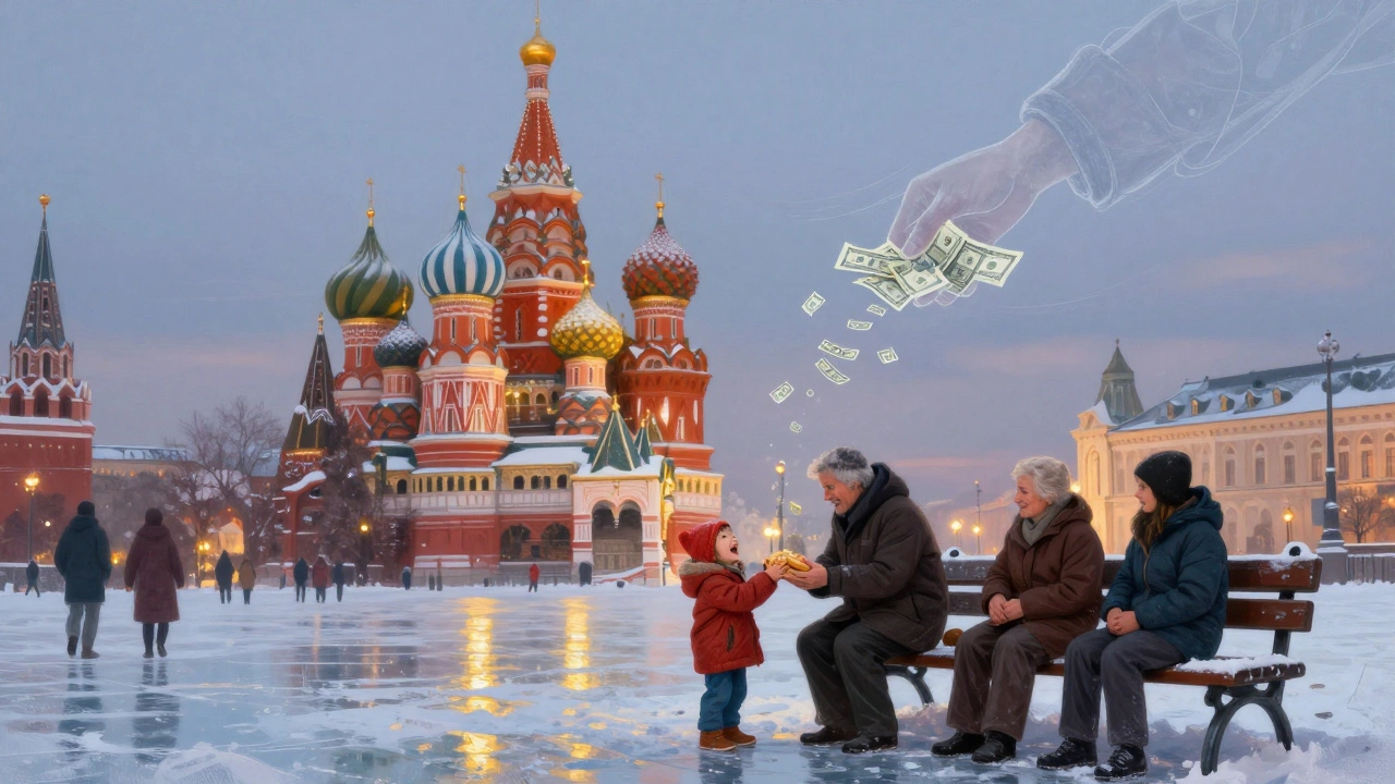 Red Square at dusk with golden domes reflecting on ice, floating money hands dissolving as real human connections glow brightly.